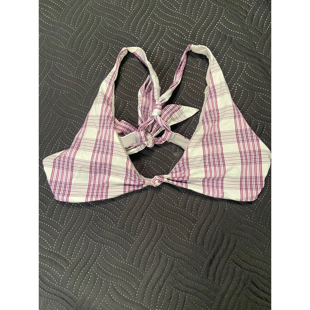 Frankies Bikinis Womens Purple White Plaid Front Knot Tie Back Bikini Top Large - Picture 1 of 3